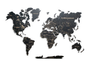 Одноуровневая карта мира из дерева на стену «Black Night» толщиной 6мм.